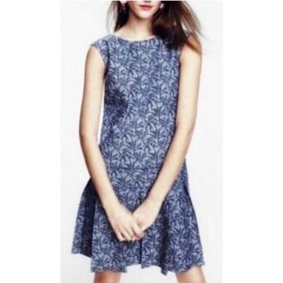 J. Crew Cotton Linen Blue Trees Lined Fit & Flare Women Dress Summer Spring Sz 2 - Picture 1 of 8